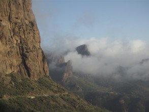Rocky mountains with clouds and wide views, GC 60 near La Cumbre, Gran Canaria, Canary Islands,