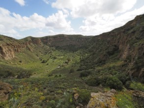 Extensive valley with rocky hill walls and green vegetation in sunlight, Caldera de Bandama