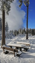 Snowy wooden table and benches in the forest, blue sky, Rennsteig, Thuringian Forest nature park