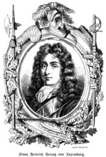 Francis Henry Duke of Luxembourg, curls, wig, feathers, helmet, sword, heeleboard, shield, knight,