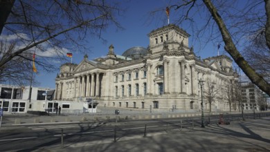 Side view of the Reichstag with flags under a blue sky, deserted during Corona, Berlin