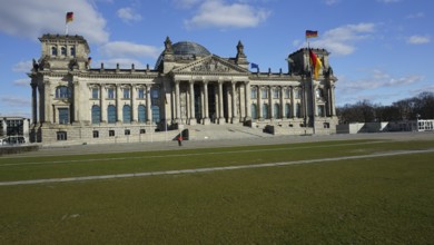 Historic building, Reichstag, Bundestag with dome and German flags on a sunny day, without people,