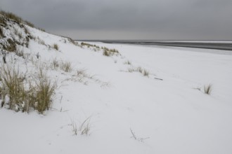 Snow-covered dunes on the North Sea, Langeoog, Lower Saxony, Germany