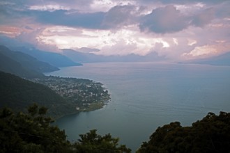 Lake Atitlán or Lake Atitlán in the evening, below Panajachel, Sololá Department, Guatemala