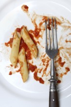 Plate with fork and leftover pasta, penne and tomato sauce, food waste