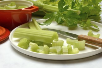 Celery stalks, pieces with knife on plate