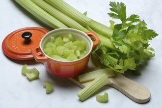 Celery stalks, pieces in pots