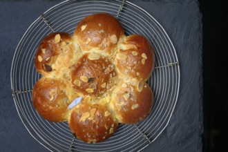 Epiphany cake with king on wire rack, Switzerland