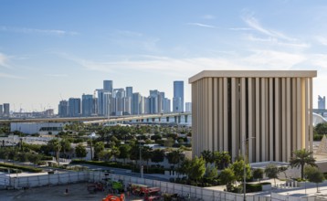 View of Abu Dhabi's skyline from the Zayed National Museum platform, the museum is the heart of the