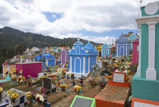 Colourful graves at the cemetery in Chichicastenango, Highlands, El Quiché Department, Guatemala