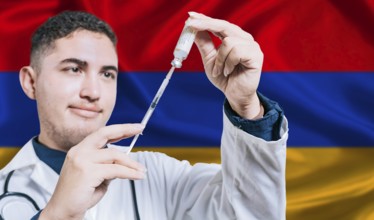 Doctor holding syringe on Armenia flag background. Medical professional holding syringe with