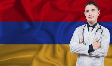 Portrait of medical professional on Armenia flag background. Armenian national health system