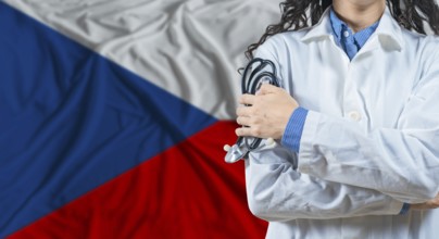 Healthcare professional with Czech Republic flag background. Professional doctor holding