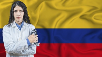 Colombian national health system, Medical professional on Colombia flag background