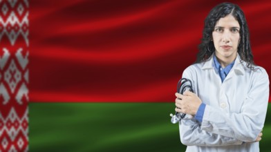 Belarusian national health system, Medical professional on Belarus flag background
