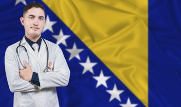 Portrait of medical professional on Bosnia and Herzegovina flag background. Bosnian national health