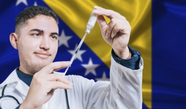 Doctor holding syringe on Bosnia and Herzegovina flag background. Medical professional holding