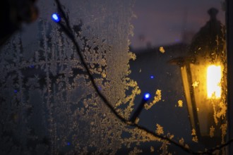 Ice crystals on a window illuminated by warm light from an outdoor lantern, the last light of dusk