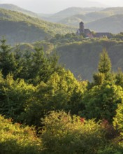 View of Ludwigstein Castle in the evening light, landscape with hills and forest in the Werra Hills