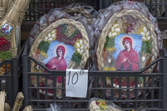 Images of saints at the souvenir stand for tourists in Vorone?, Buckowina, Romania
