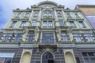 19th century house façade with old lantes, Chernivtsi, Ukraine
