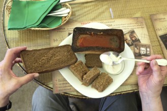 Goulash soup in sliced bread, specialty in Ukraine, Chernowicz, Ukraine