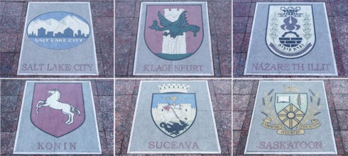 Six floor plates, coats of arms of various European countries on the central square in Czernowicz,
