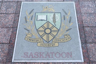 Base plate, coat of arms of Saskatoon, Canada, on the central square in Czernowicz, Ukraine