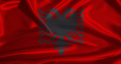 Albania flag with cloth textured background. National flag of Albania with realistic texture