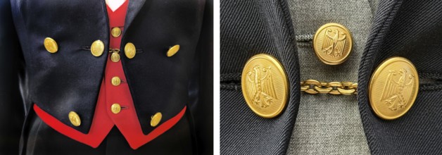 Picture pair, federal tailcoat for men on the left, black tailcoat with red vest and golden buttons