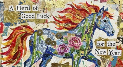 Illustration of a fiery red horse racing through a traditional Chinese landscape, symbolising