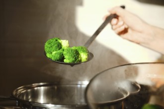 A person holds a slotted spoon with steamed broccoli above a pot in a kitchen. The steam rises,