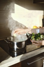 A person is cooking broccoli in a pot on the stove. Steam rises from the pot while another bowl
