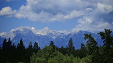 Mountain panorama with wooded foreground and blue sky full of clouds, Slovenia