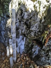 Icicle ice stalagmites in a shady cave, Franconian Forest
