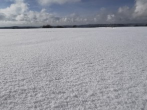 A vast snow-covered field under a blue sky with clouds, Franconian Forest