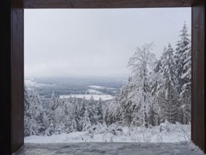 Snow-covered forest landscape viewed through a wooden frame, peaceful view, Franconian Forest
