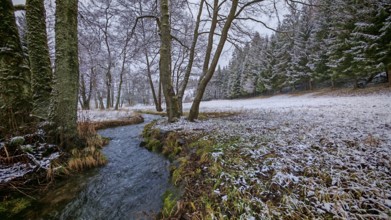 A small stream flows through a slightly snow-covered meadow with trees, mystical, romantic,