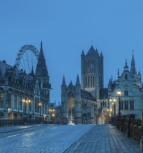 Ghent, Belgium, Flanders. The Cathedral and Historical Town from a bridge. UNESCO