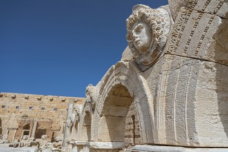 Leptis Magna, Libya, North Africa. The Medusa head on archaeological remains from the majestic