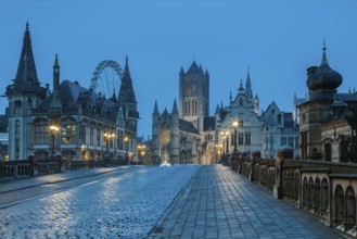 Ghent, Belgium, Flanders. The Cathedral and Historical Town from a bridge. UNESCO