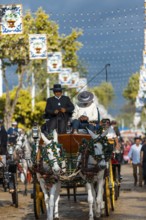 Seville, Spain, Europe. Men in traditional equestrian clothes driving a horse drawn carriage during