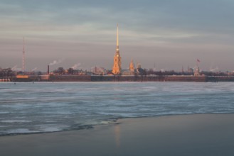 St Petersburg, Russia. Vasilevsky Island as seen from the partially frozen Neva river