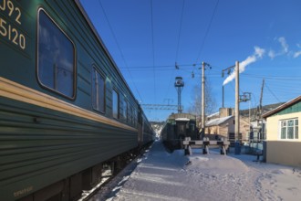 Siberia, Russia. A train station with the Trans Siberian railway on its way to Moscow