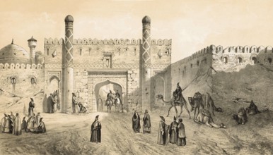 City gates in old Tehran, Iran, authentic, digitally restored reproduction from a 19th century