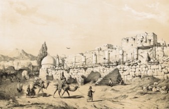 Ruins of a Greek temple, in Kincavar Kingavar, also spelled Kangavar, Iran, authentic, digitally