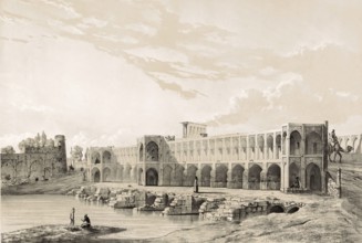 Pont Kadiou Bridge in Shiraz, Iran, authentic, digitally restored reproduction from a 19th century