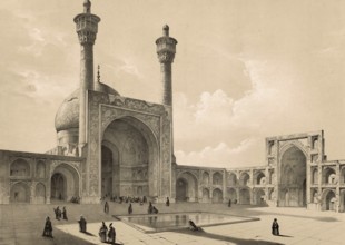 Courtyard, Great Mosque in Isfahan, Iran, authentic, digitally restored reproduction from a 19th