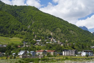 Picturesque village on a mountainside surrounded by lush greenery and mountains, Mestia, Mingrelia