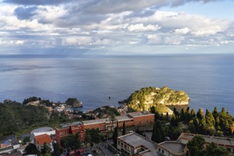 View of Isola Bella, coastline, Ionian Sea, Taormina, Sicily, Italy